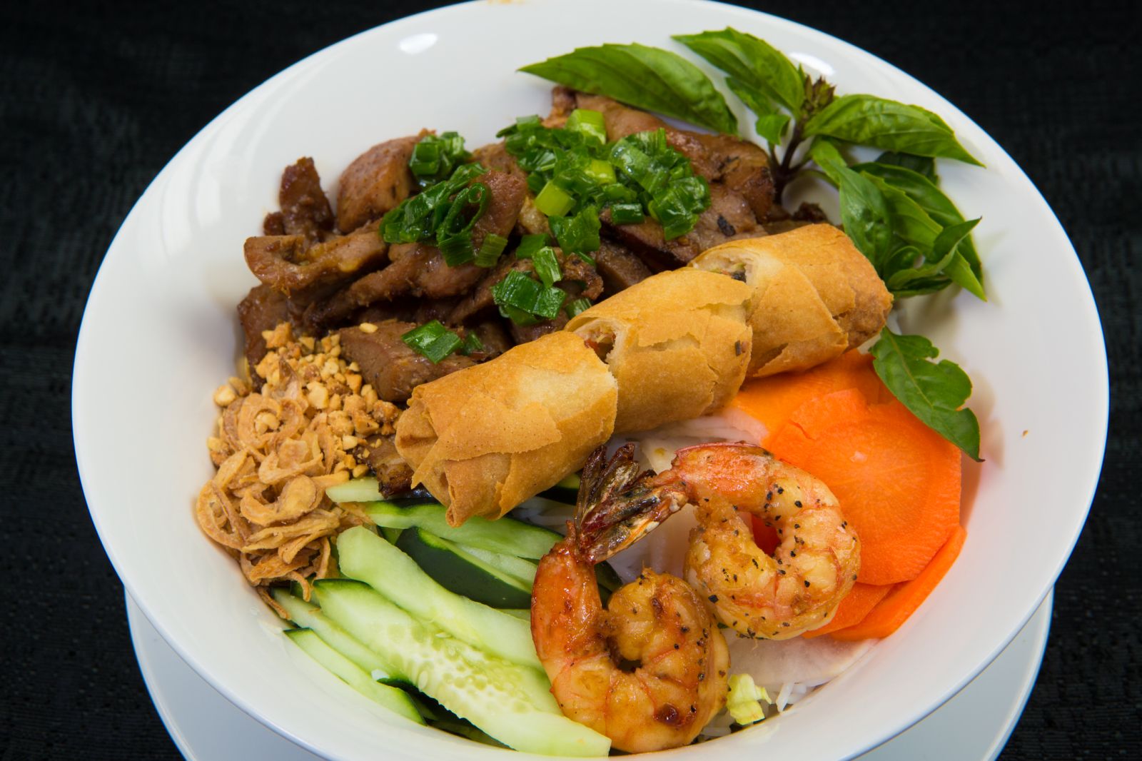 Grilled Shrimp, Pork, Egg Roll Vermicelli $15.99 - Bún Tôm Thịt Nướng Với Chả Giò